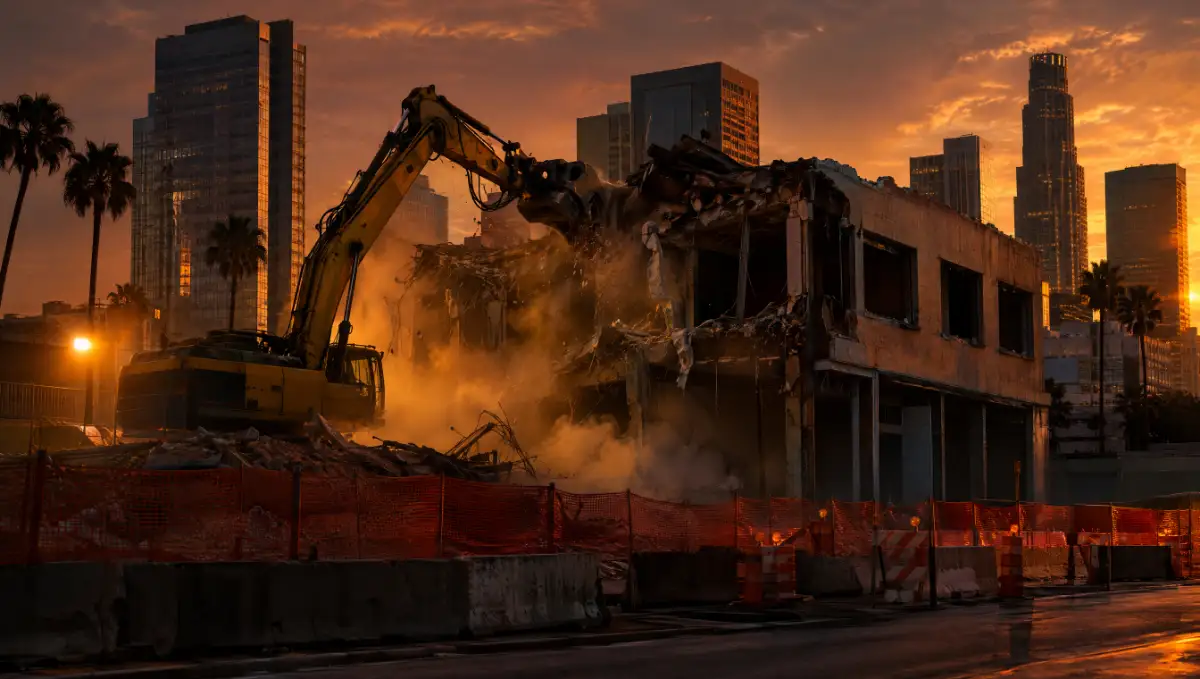 Demolición urbana al anochecer