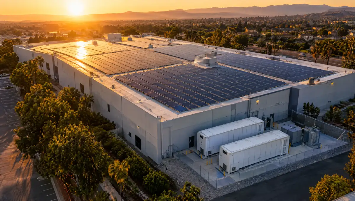 Techo comercial con paneles solares y baterías